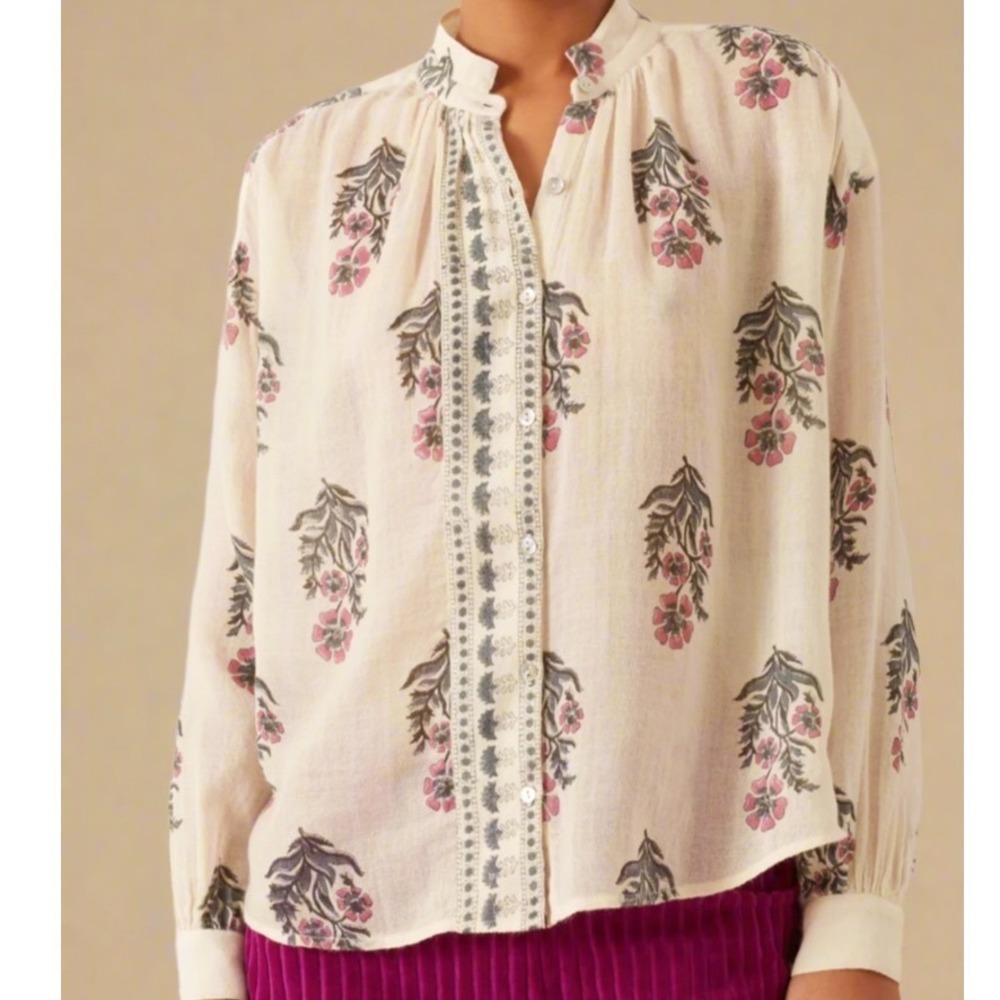 Alix of Bohemia 100% Wool Floral Block Print Ruffle Blouse Ivory Pink S b3